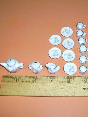 17 Piece Vintage Mini Porcelain Tea Set with Flowers and Gold Edges